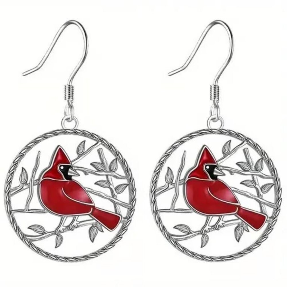 Round Silver CARDINAL Red Bird Dangle Earrings